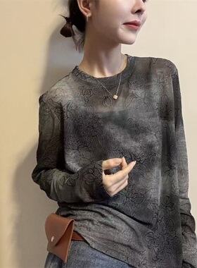2026春季新款通勤风水墨印花长袖T恤女宽松百搭显瘦打底衫31323
