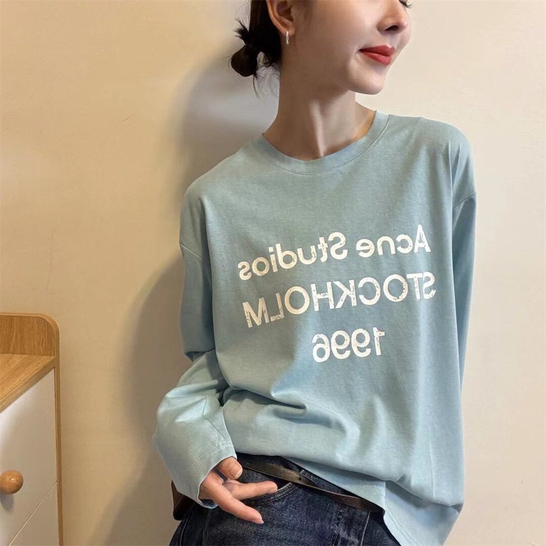 韩版宇宙能量撞色字母印花长袖T恤女2026夏季新款宽松上衣潮32075