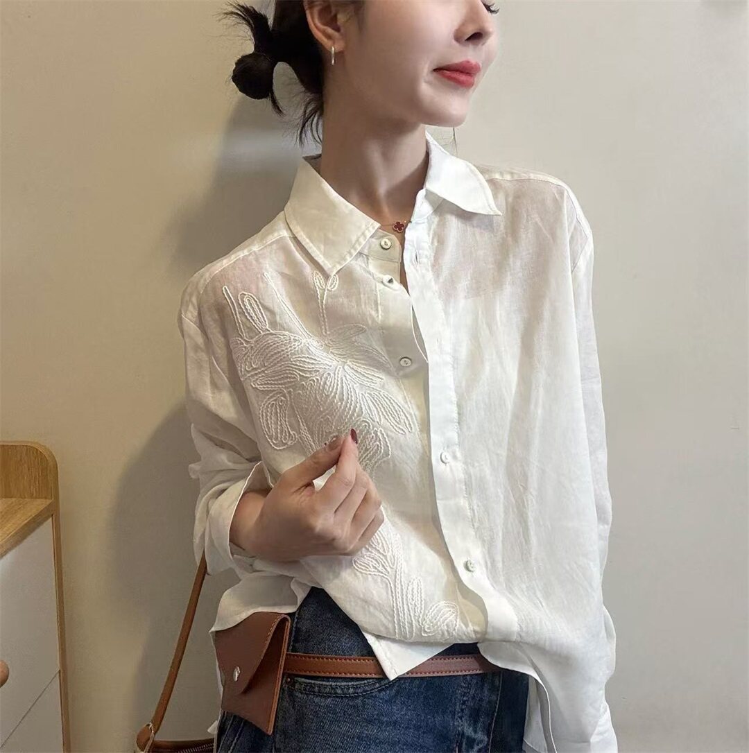 国风刺绣衬衫女2026春季新款长袖宽松翻领新中式高级感苎麻衬衣