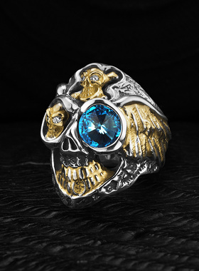 【现货】BWL 定制款自由之翼大骷髅鎏金宝石戒指R388GS/C
