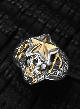 【现货】BWL  40周年鎏金金星星牙咬单钻lucky飘带骷髅戒指
