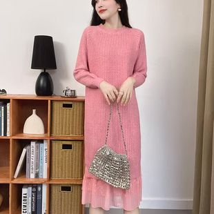 减龄水波纹蕾丝拼接连衣裙女秋冬新款 洋气宽松中长打底内搭毛衣裙