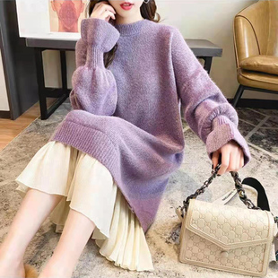 时尚 圆领连衣裙秋冬加厚2025拼接过膝针织纱裙宽松慵懒风毛衣裙潮