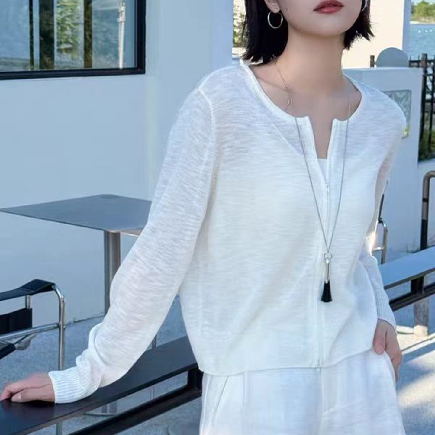 温柔风圆领纯色拉链针织衫女春夏新款百搭显瘦薄款防晒凉感开衫潮
