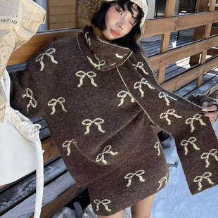 冬季高订裙子三件套气质时尚提花蝴蝶结半身短裙+上衣+围巾一整套