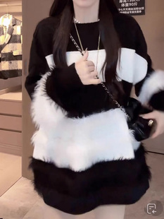 撞色条纹毛衣女慵懒风流行打底衫 内搭仿水貂毛针织中长上衣潮 韩版