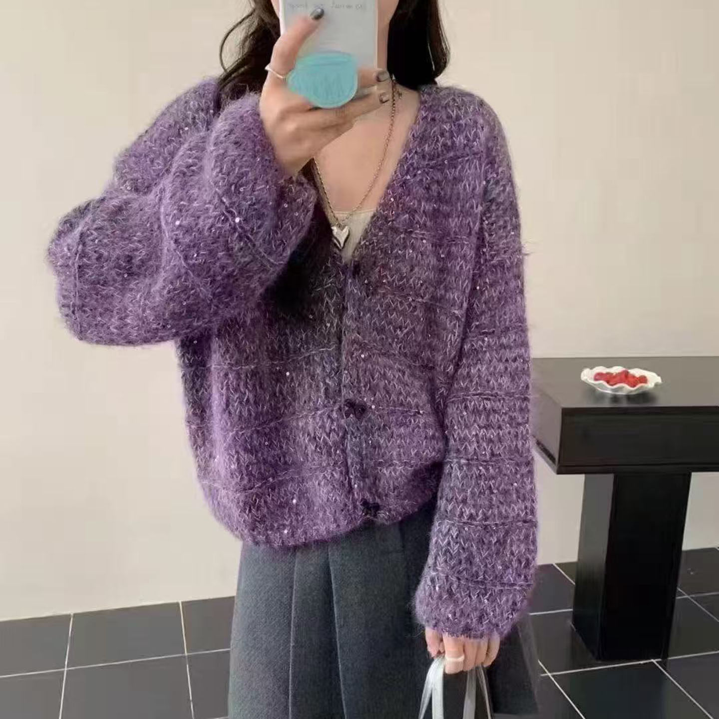 韩系慵懒风v领亮片针织开衫女潮