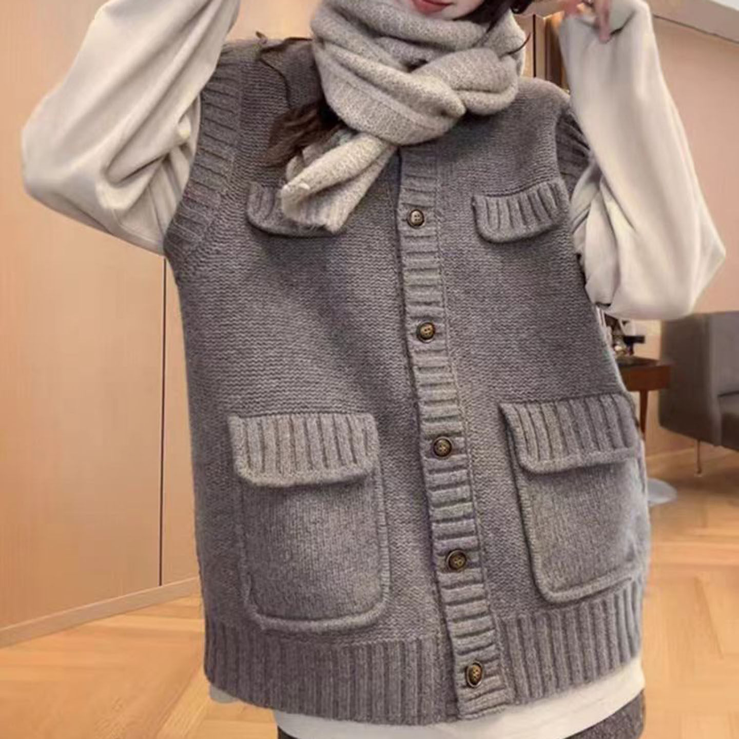 冬季新款慵懒风复古简约大口袋针织马甲胖mm宽松显瘦叠穿坎肩上衣,女装/女士精品,毛针织衫,淘宝优惠券,粉丝福利购,淘宝优惠卷