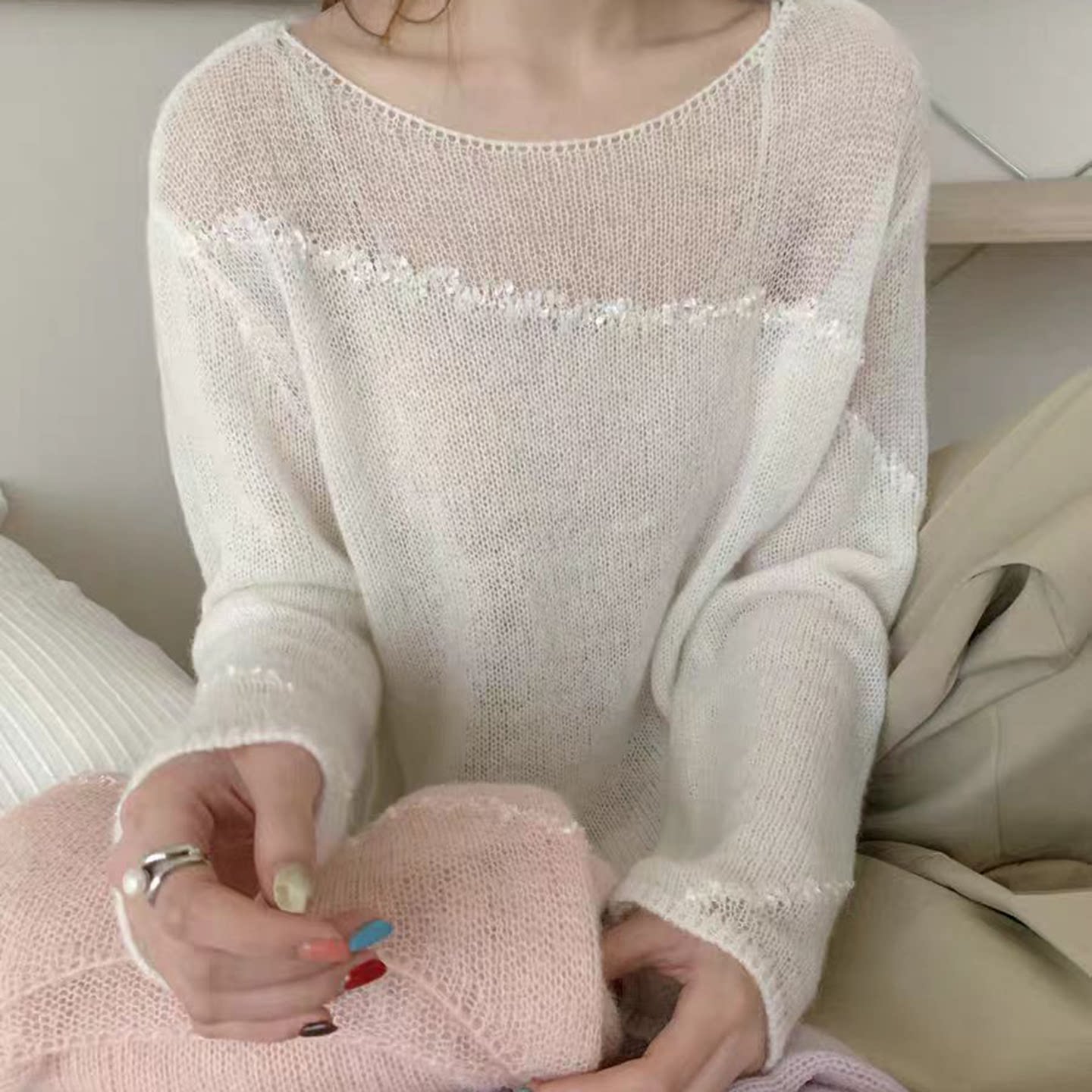 韩系设计感拼接碎花套头针织衫女2026年春夏新款百搭软糯防晒罩衫