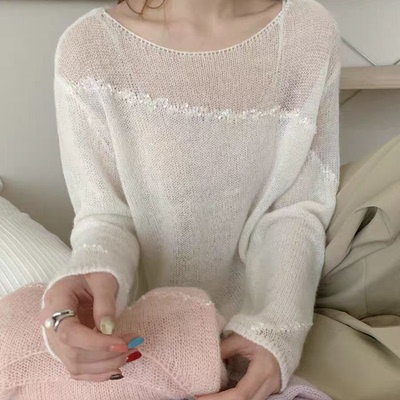 韩系设计感拼接碎钻套头针织衫女