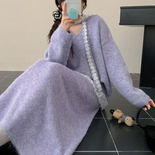 胖mm遮肉两件套 半身长裙女秋冬新款 飘带蕾丝连衣裙套装 拼接毛衣