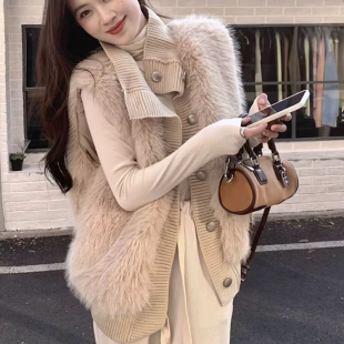 韩系仿皮草针织马甲女背心秋冬新款立领宽松水貂绒开衫马夹坎肩潮