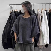 设计感灰色卷边针织半袖 毛衣女春秋冬新款 小众独特别致宽松上衣潮