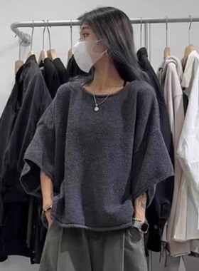 设计感灰色卷边针织半袖毛衣女春秋冬新款小众独特别致宽松上衣潮