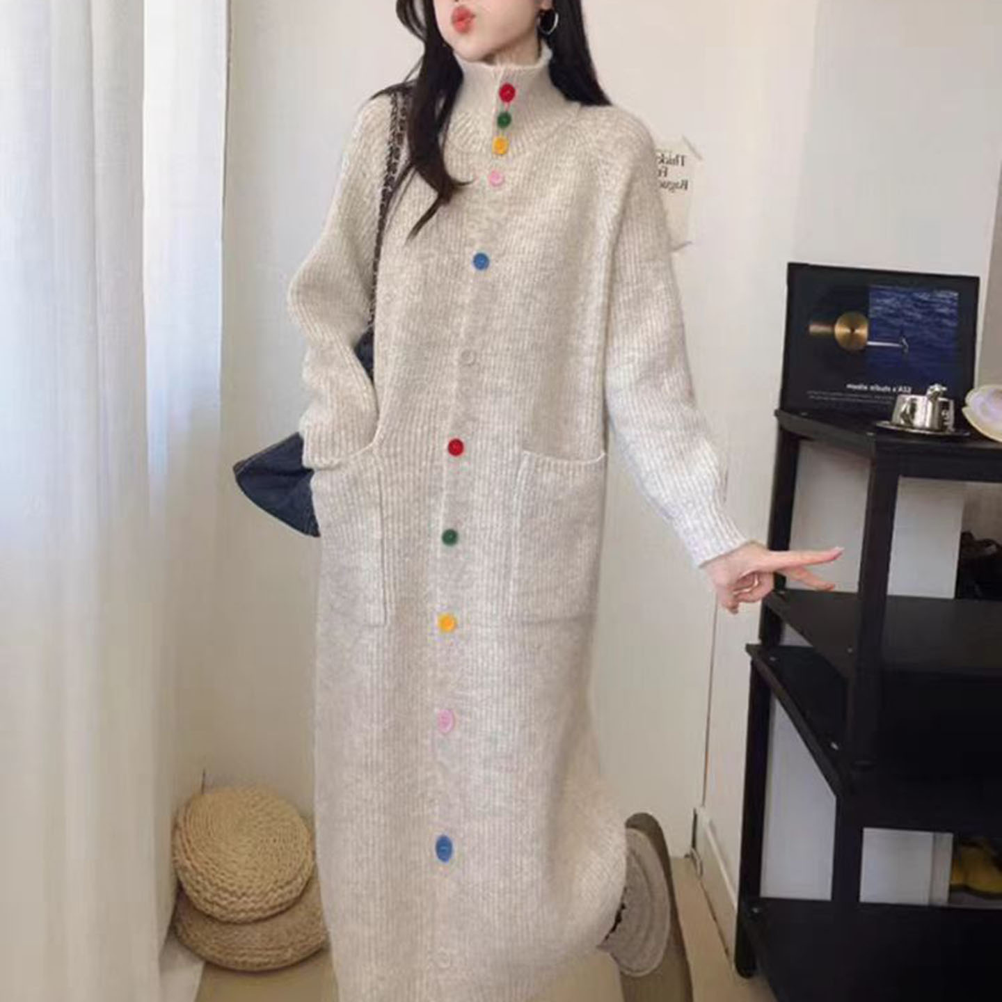 韩系温柔风彩扣长款立领针织裙女