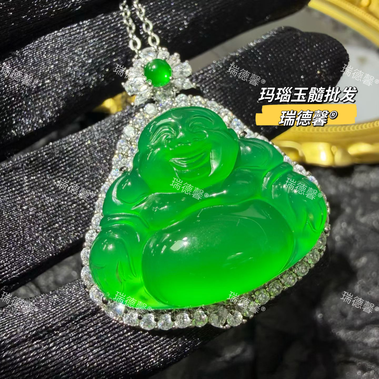 冰种绿玉髓佛公吊坠女款项链镶嵌挂件玛瑙佛公玉坠子锁骨链送女友