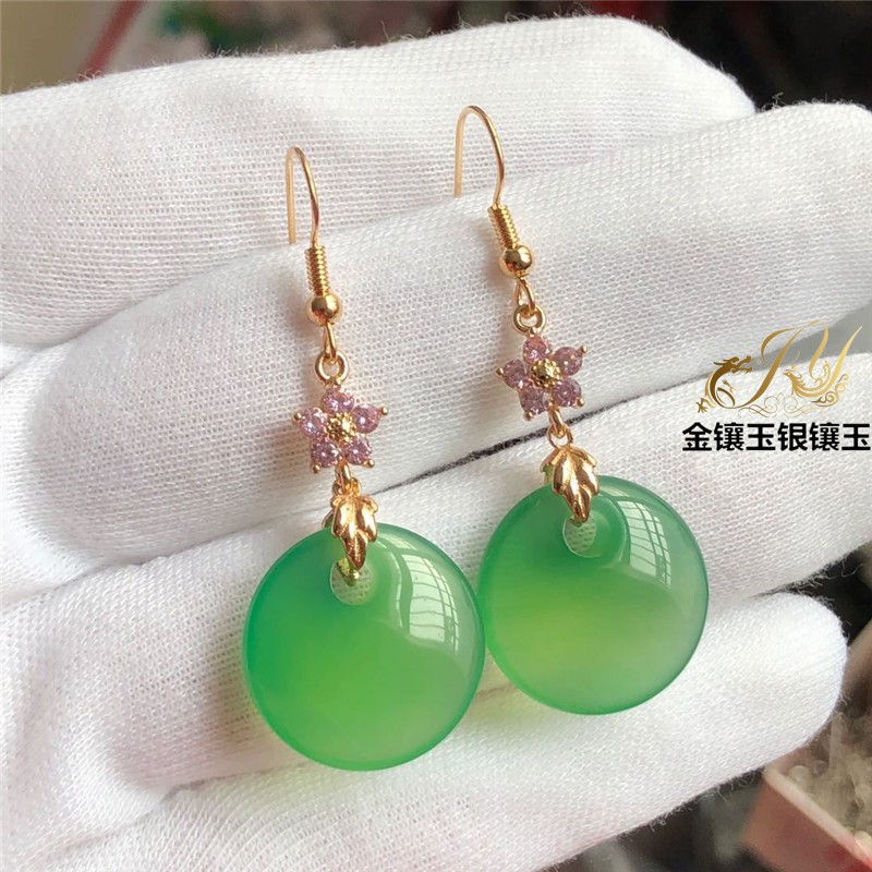 绿色玉髓平安扣玛瑙古典大气耳坠