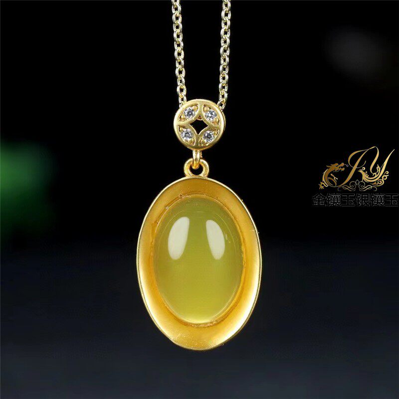 天然黄玉髓元宝吊坠镀古法金镶嵌蜜蜡黄玛瑙玉挂件开运招财项链坠