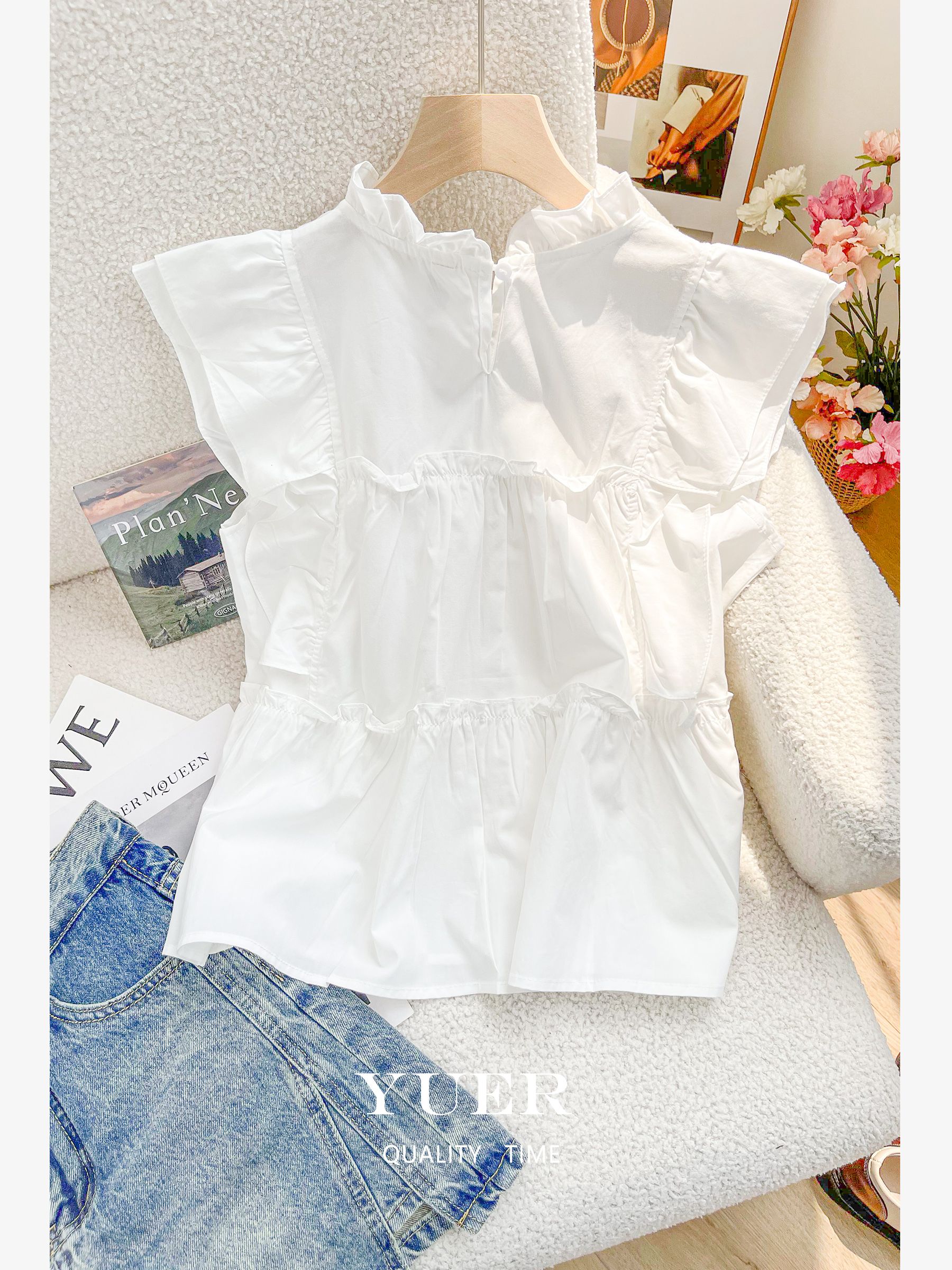 女童立领白色衬衫女夏季短袖女孩设计感小众荷叶边飞飞袖小衫上衣
