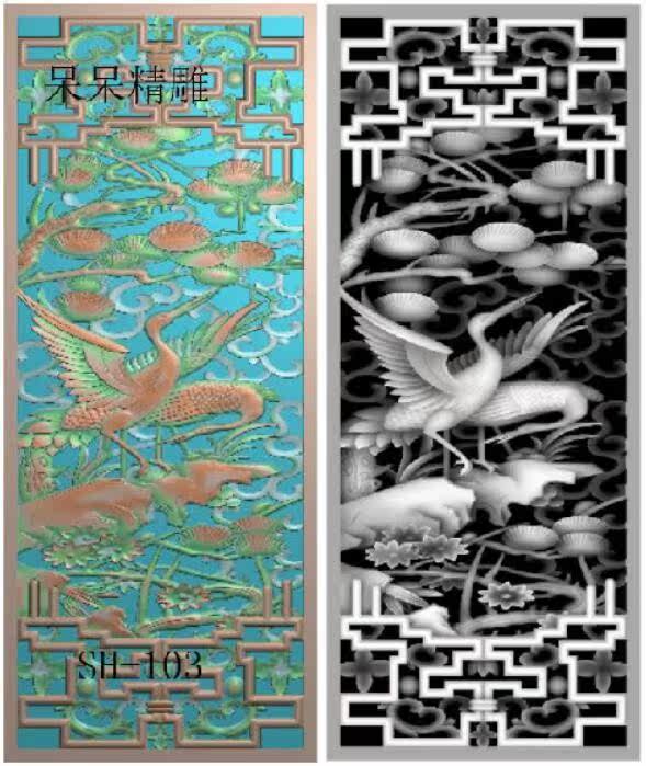 松鹤山水花鸟花格精雕图靠背挂屏设计素材/源文件