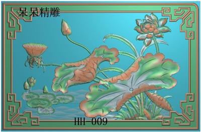 精雕图仿古荷花荷叶木雕沙发床背板靠背大板石雕浮雕图灰度图