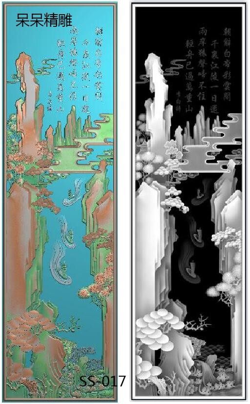 精雕图山水风景门板隔断屏风柜门背板大板木雕浮雕图灰度图