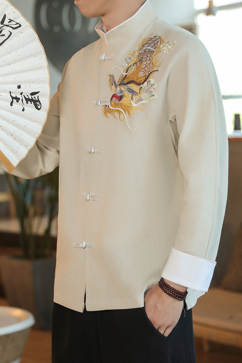 咖啡厅风春装男士胸前龙刺绣长袖衬衫麻本色A032/C26/65控78,男装衬衫,电商A032