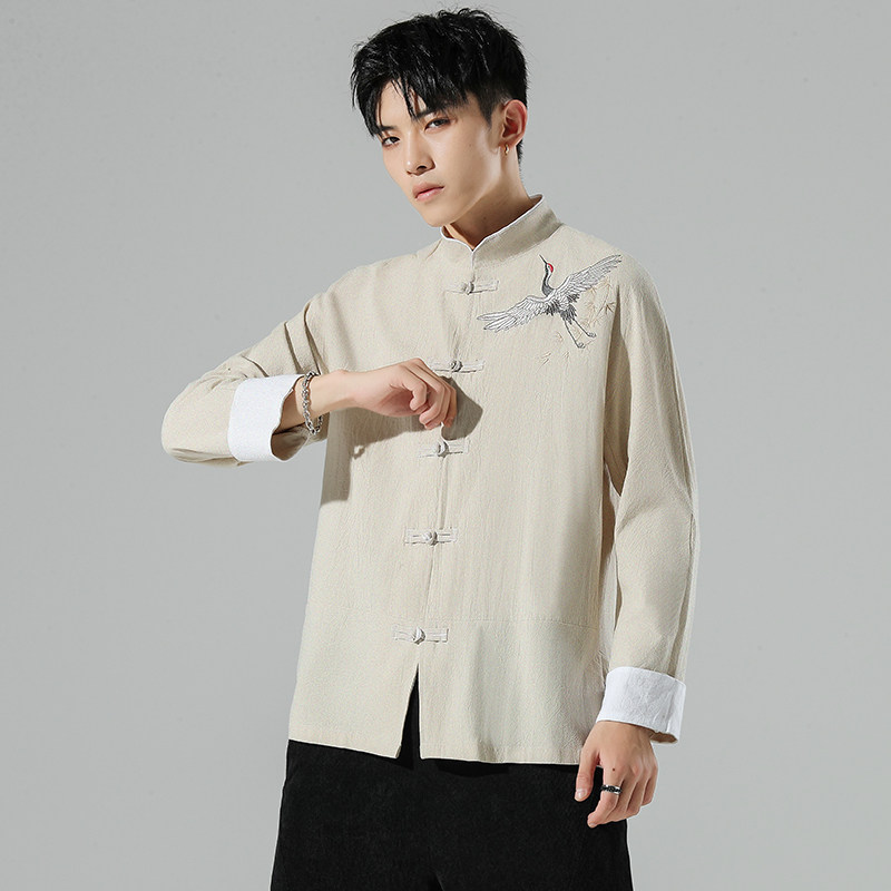 无影墙风春装男士撞色盘扣飞鹤图刺绣衬衫黑色A032/C27/65,男装衬衫,电商A032