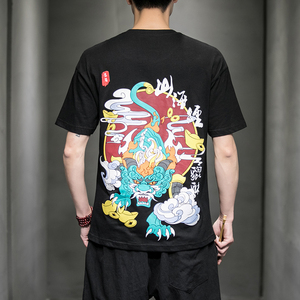风夏装山海经系列情侣印花男士短袖T恤貔貅白色A032/T106/35图片