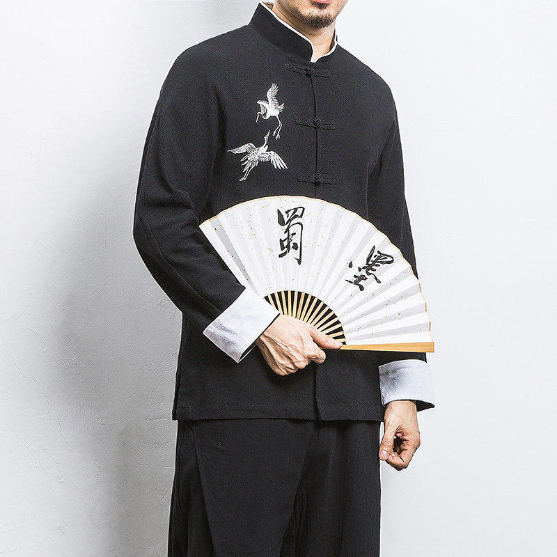 白墙风春装男士胸前鹤刺绣长袖衬衫麻本色A032/C22/55控68,男装衬衫,电商A032
