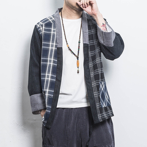 白墙夏装风拼接撞色格子开衫汉服T恤男A032/1822/特P40
