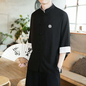 风夏装 复古男士七分袖衬衫棉麻短袖衬衣黑色A032/C66/55控68图片