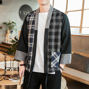 咖啡厅 夏装风拼接撞色格子开衫汉服T恤男A032/1822/特P40图片