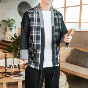 咖啡厅 夏装风拼接撞色格子开衫汉服T恤男A032/1822/特P40图片