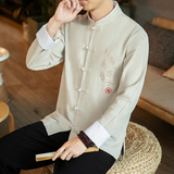 咖啡厅风春装男士上善若水刺绣长袖衬衫黑色A032/C21/55控68，男装衬衫，电商A032