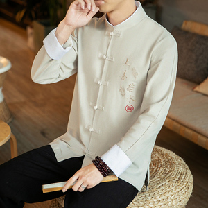 咖啡厅风春装男士上善若水刺绣长袖衬衫黑色 A032/C21/55控68图片