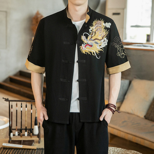 咖啡厅 风春装男士胸前龙刺绣短袖衬衫卡其  A032/C68/55控68图片