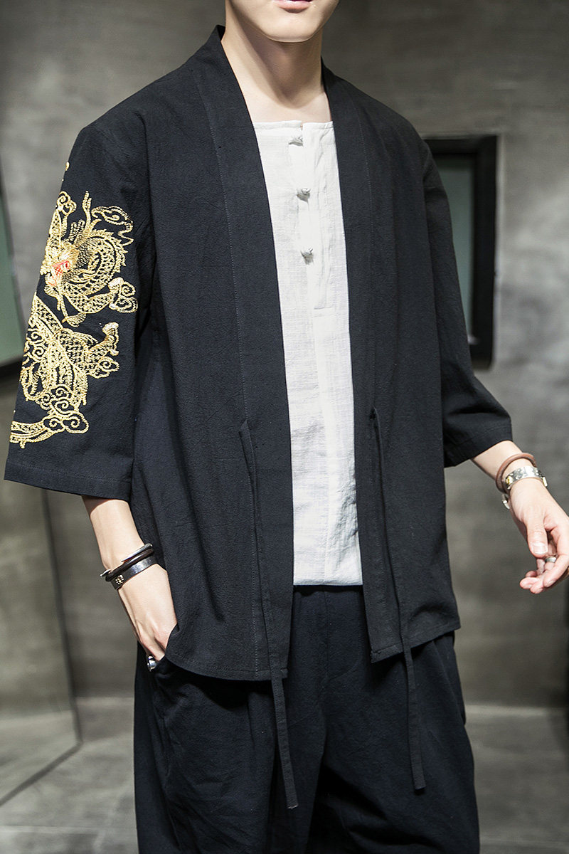 W基地风夏装男士汉服龙刺绣开衫黑色A032/KS002/50控68,男装衬衫,电商A032