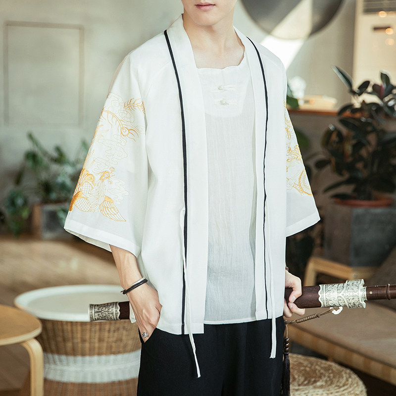 咖啡厅风龙凤刺绣七分袖开衫汉服防晒衣白色A032/2206/50控68,男装衬衫,电商A032