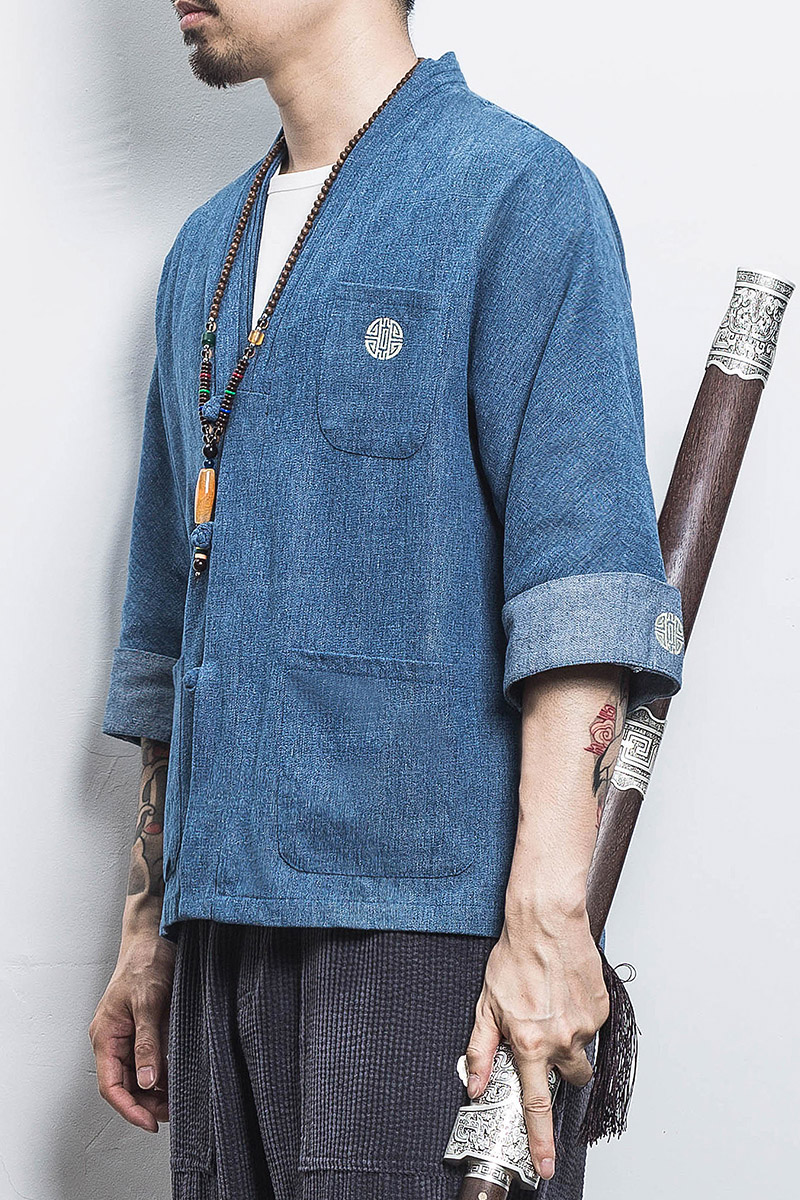 白墙风男士汉服开衫盘扣牛仔外套蓝色A032/KS001/65控78,男装衬衫,电商A032