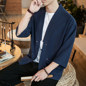 咖啡厅 风夏装七分袖开衫纯色汉服衬衣藏青色A032/1821/特P40图片