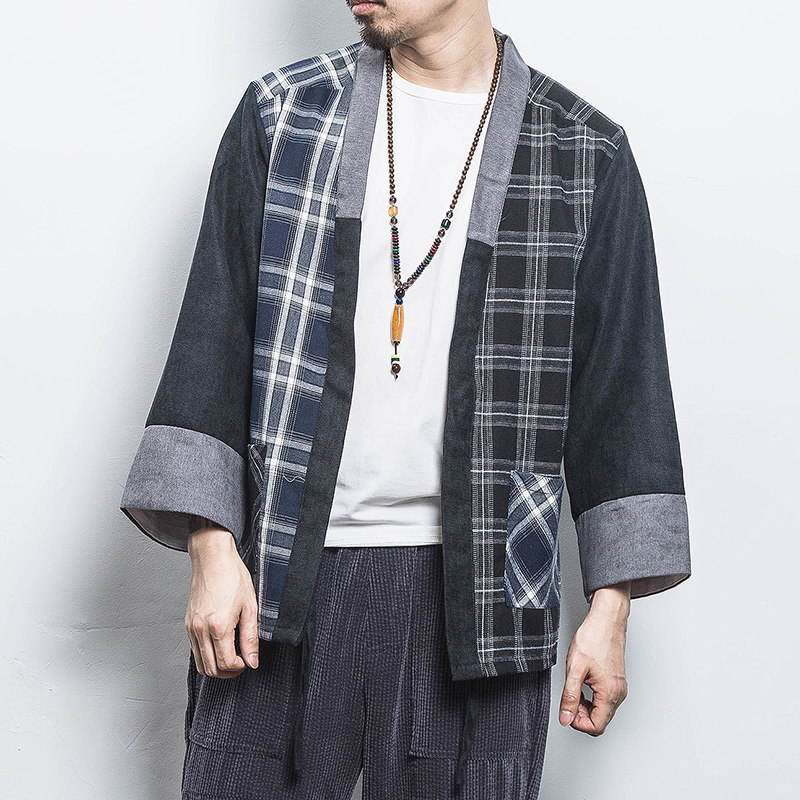 白墙夏装风拼接撞色格子开衫汉服T恤男A032/1822/特P40,男装衬衫,电商A032