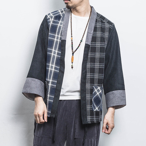 白墙 夏装风拼接撞色格子开衫汉服T恤男A032/1822/特P40图片
