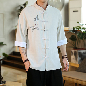 2022男士撞色扣子七分短袖衬衫胸前鹤刺绣黑色 A032/C63/55控68图片