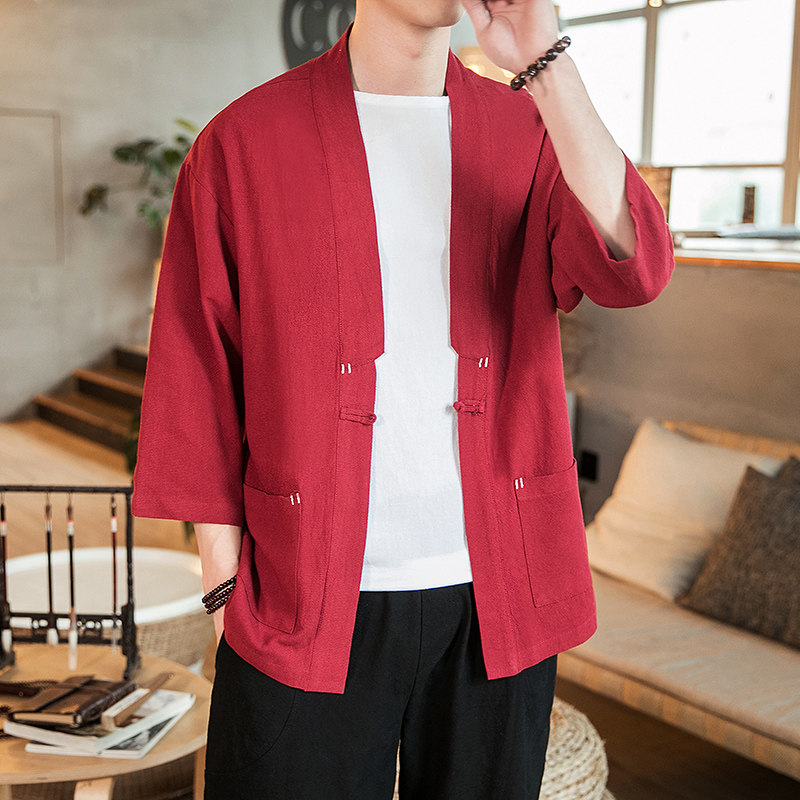 咖啡厅风夏装七分袖开衫纯色汉服衬衣红A032/1821/特P40,男装衬衫,电商A032
