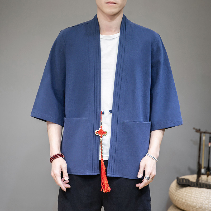 夏季风纯色汉服开衫麻本色七分袖铜钱道袍A032/KS006/60控78,男装衬衫,电商A032