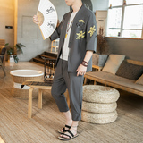 风夏装男士开衫套装七分袖菊花印花汉服蓝绿A032/T1193/100，男装衬衫，电商A032