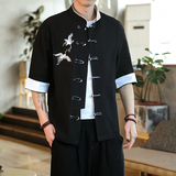 2022男士撞色扣子七分短袖衬衫胸前鹤刺绣黑色A032/C63/55控68，男装衬衫，电商A032