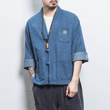 白墙风男士汉服开衫盘扣牛仔外套蓝色A032/KS001/65控78，男装衬衫，电商A032