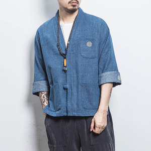 白墙 风男士汉服开衫盘扣牛仔外套蓝色A032/KS001/65控78图片